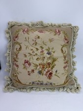 VTG Needlepoint Petit Point Pillow Velvet Roses Floral Fringe Tassels Beige Covr