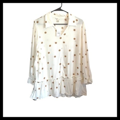 NWT Cato Ivory Tan Polka Dot Peplum Blouse M Long Sleeve Ruffle Cuff Top