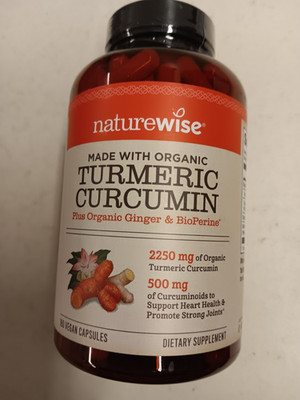 Naturewise Organic Turmeric Curcumin Capsules - 180 Count 2250 Mg Exp 3/2028