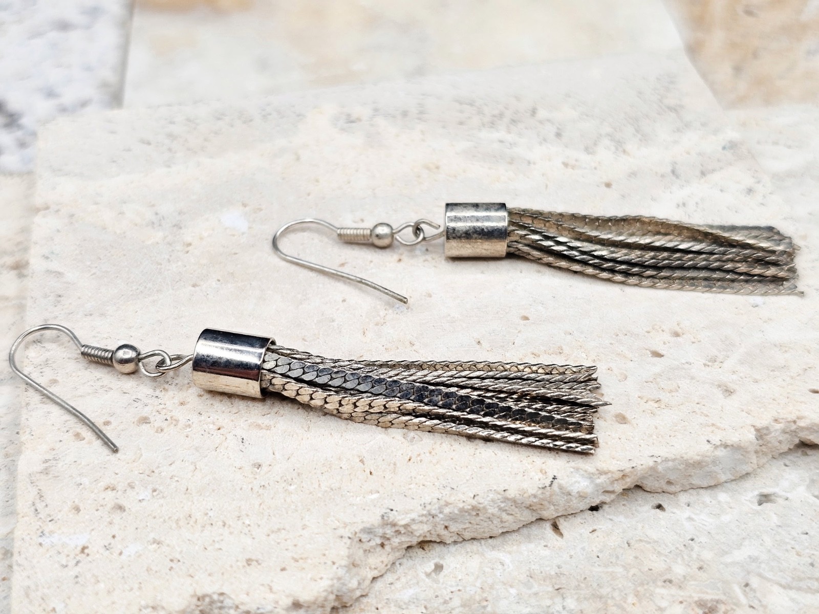 Vintage Sterling Silver Long Dangle Earrings | He… - image 1