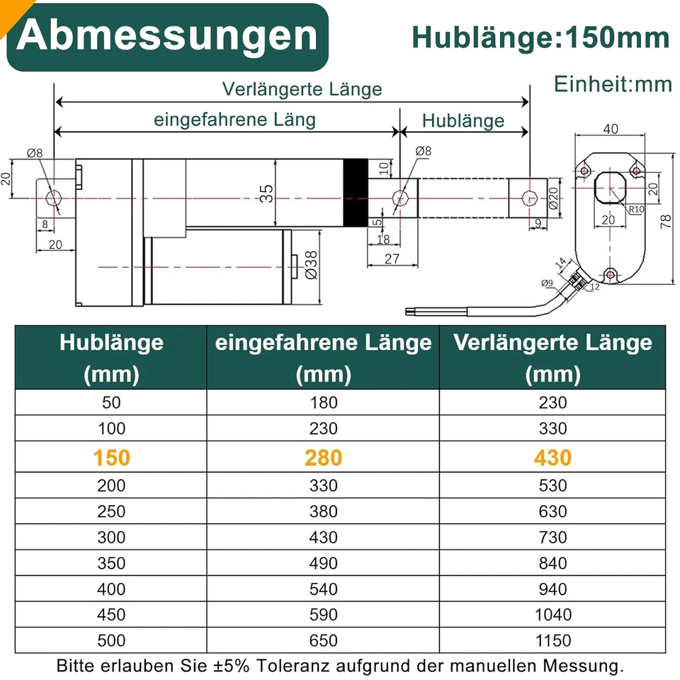 Attuatore Lineare 12 V 2000 N 150 Mm Lunghezza Corsa IP65, Impermeabile 8 Mm/S, - Immagine 2 di 4