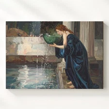 Mystic Reflection Canvasclassical Woman With Ritual Bowl By Reflective Pool Wall