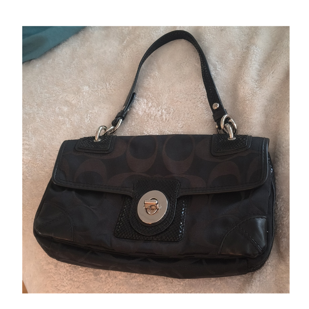 Coach Black Signature Logo Shoulder Bag Turn Lock Silver Hardware