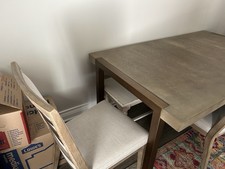 Light Wood Rectangular Dining Table Set with 4 Beige Upholstered Chairs