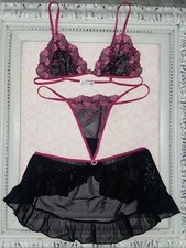 Escante 3pc SET BRA THONG SKIRT Sheer Pink Embroidered Lace Heart Crystals S M L