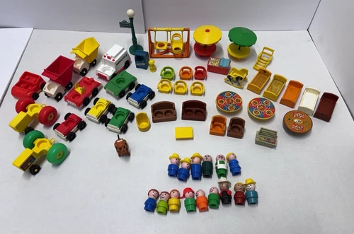 Vintage Fisher Price Little People Huge Lot 58 Pcs Vehicles Figures Furniture