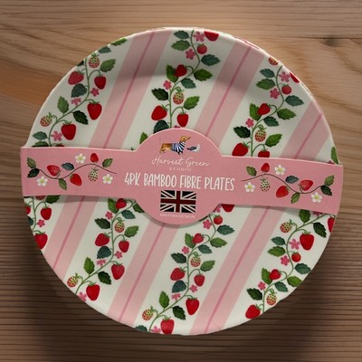 Harvest Green Studio Bamboo Strawberry Print 10'' Dinner Plates, Set of 4, New!
