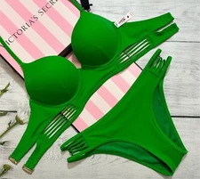 Victoria's Secret Swim Bombshell Push-Up Longline Bikini Strappy Bottom Green