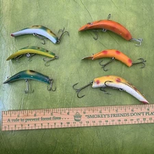 6 Vintage Fishing Lures LAZY IKE HELIN Flatfish Wood & Plastic Display Or Use