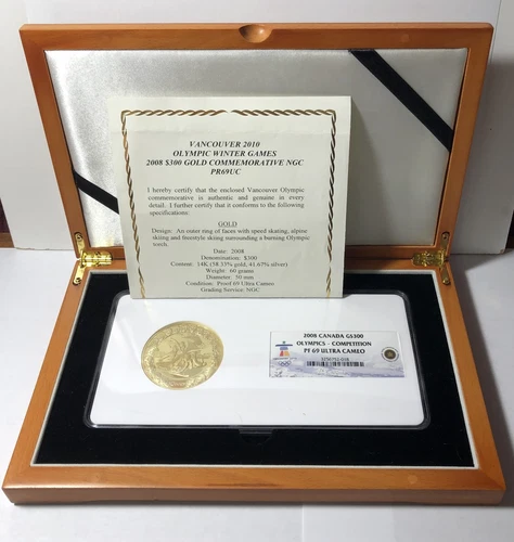 2008 Vancouver Canada $300 Gold Olympic. NGC PR69. Box & Cert. 1.124oz pure gold