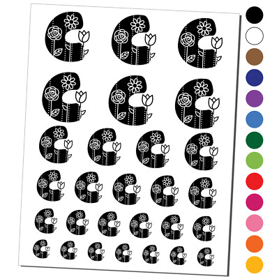Sweet and Cute Flowers Rounded Block Letter C Temporary Tattoo Set