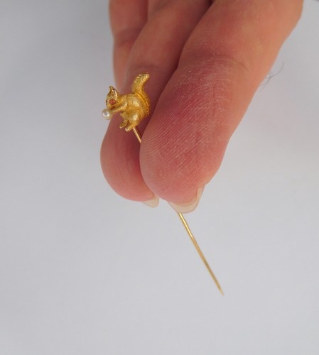 Art Nouveau 14K Gold Ruby eYes Squirrel Pearl Acorn Nut Pine Cone Stick Pin 🐿️