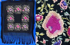 Antique Black Silk Pink Purple Floral Embroidery Boho Flapper Piano Shawl VTG