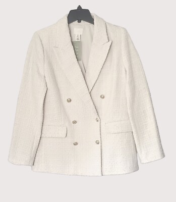 NWT H&M Oversized Bouclé Blazer Off White Golden Buttons Shoulder Pads Size  M