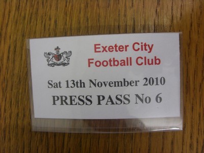 13.11.2010 Ticket: Exeter City gegen Notts County [Presseausweis] mit Clip Rückseite. Bobf