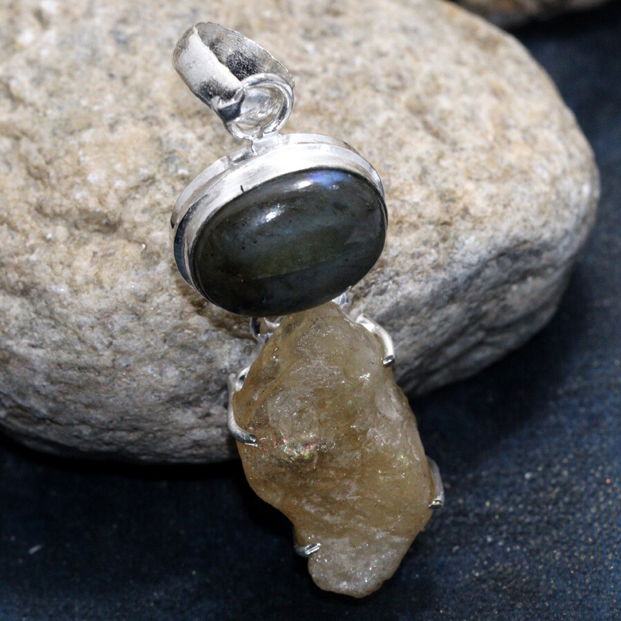 Citrine Crystal and Fiery Labradorite Rough Stone 925 Silver-Plated Pendant Necklace, 2.1 Inches, JW Collection