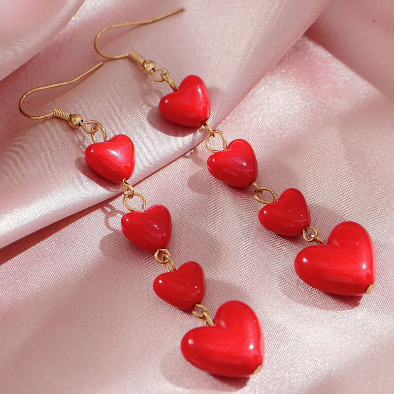 Beautiful Fashion Cherry Red Love Hearts Long Dangle Earrings eBay
