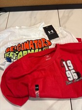2pcs Set Under Armour Boys Red White Graphic Print Shirt Short Sleeve YM NWT
