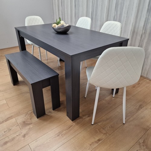 Dining Set Grey Dining Table and 4 Diamond Stitched White Chairs with 1 Bench - Picture 9 of 14