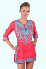 GRETCHEN SCOTT DESIGNS Ladies Coral/Blue  Embroidered 3/4 Sleeves Tunic/Coverup