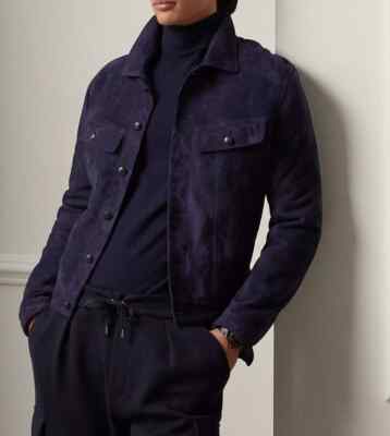Men Navy Blue Suede Leather Trucker Jacket Pure Lambskin Made To Measure Jacket