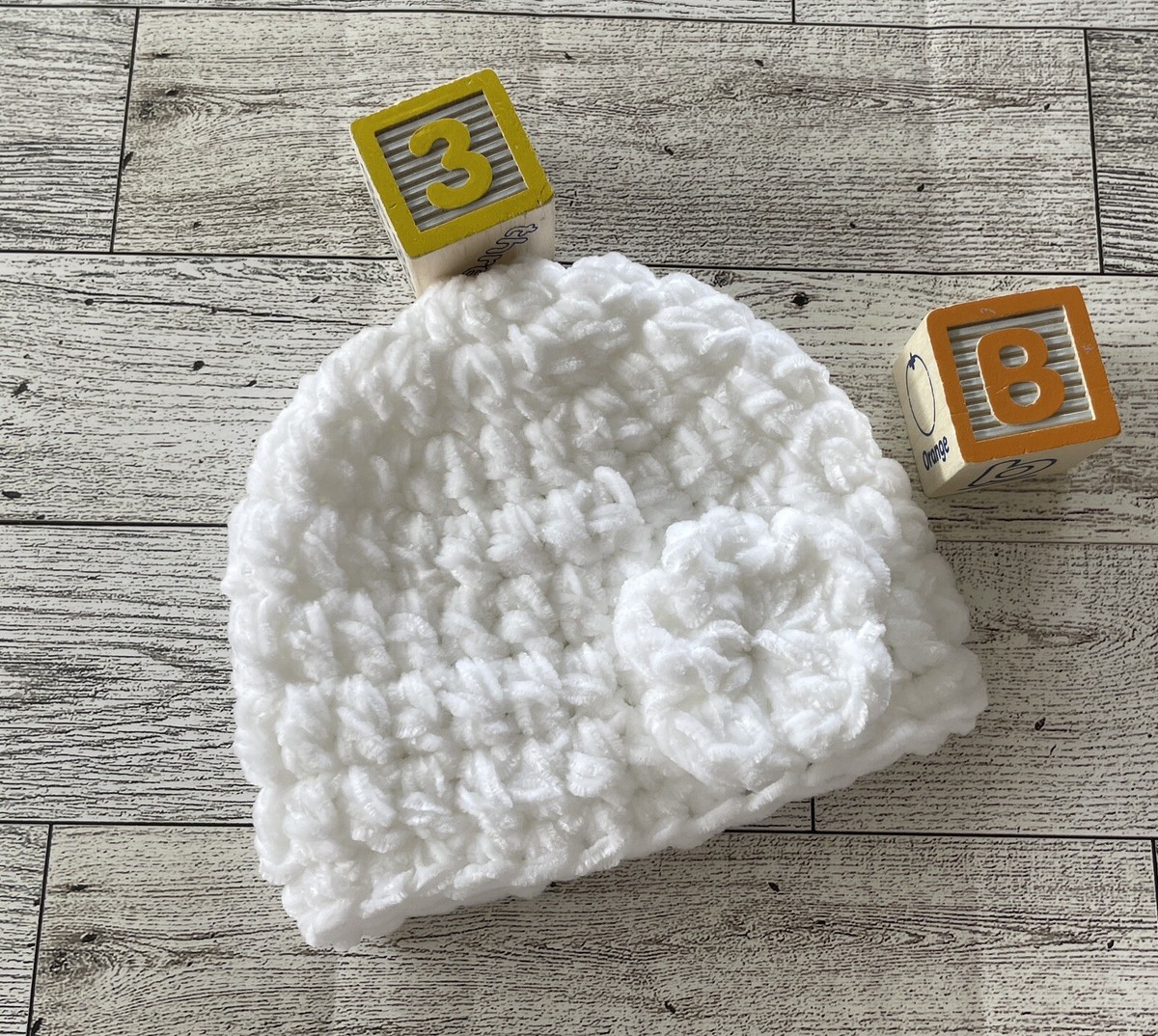 Crochet Preemie Baby Beanie Hat White Velvet Soft 3D Flower