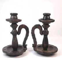 Antique Hand Carved Chamber Candle Holder Primitive Candlestick Holder Pair