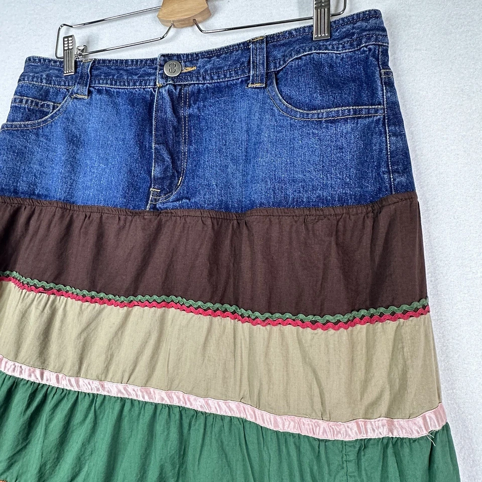Bill Blass Skirt 14 Broomstick Tier Patch Denim Ribbon Multicolor Boho Vintage - Image 3 of 4