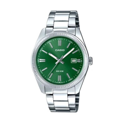 Casio Orologio Uomo Analogico Classico - Cassa In Ottone 45mm, Cinturino In Pelle Nero, Quadrante Grigio, Funzione Data