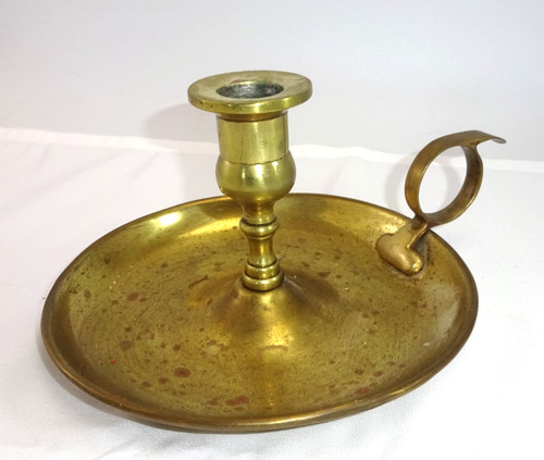 OLD SOLID BRASS CHAMBERSTICK CANDLE HOLDER BIG 6.5" DRIP TRAY SIMPLE & PRIMITIVE