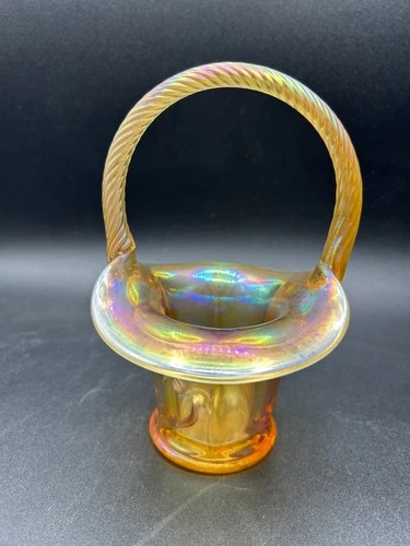 50th Anniversary Gift Fenton Amber Glass Hand Blown Basket Etched