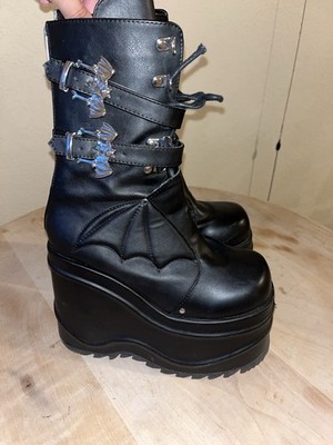 Demonia Gothic Black Leather Ankle Platform Boots Zip Buckle Bat Wing US 8