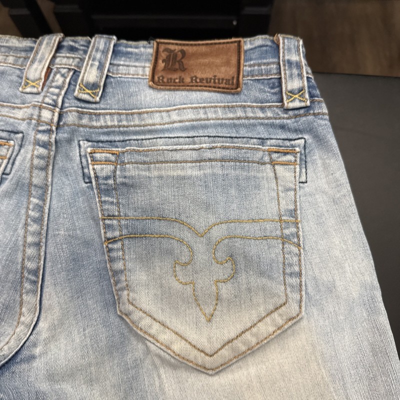 Men's Rock Revival Tommy Alt- Straight Leg Light Blue Jeans Size 33X30” Distress