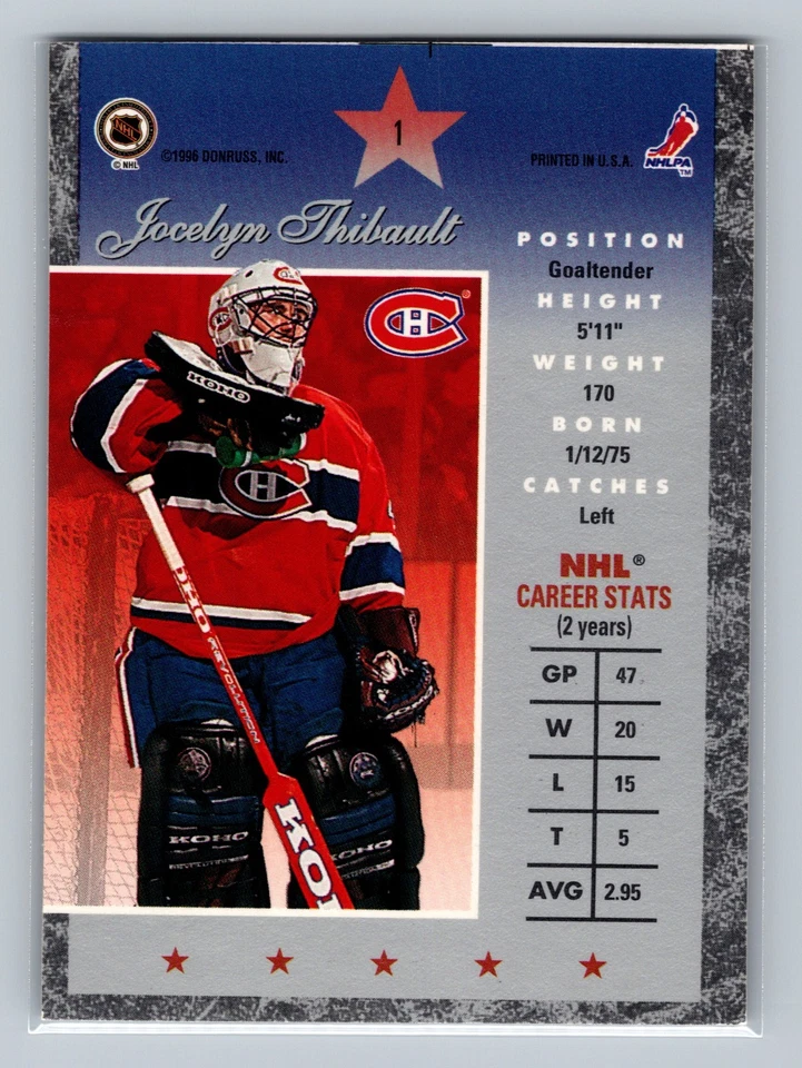 1995-96 Donruss Elite - Jocelyn Thibault #1 - Image 2 of 2