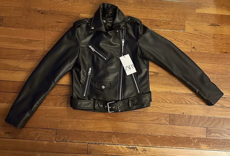 Chaqueta de motociclista de cuero sintético con cinturón ZARA