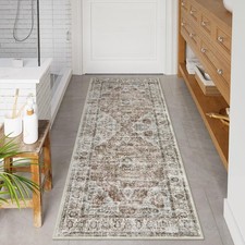 Bathroom Runner Rug, Distressed Tribal Farmhouse Khaki Bathroom Mat, Large Ba...