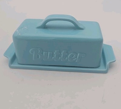 Dowan Blue Ceramic Rectangular Covered Butter Dish with Lid, Glossy, 7 Inch