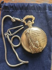 1986 Statue of Liberty Centennial Gold Tone Quartz Pocket Watch w/ Chain Works