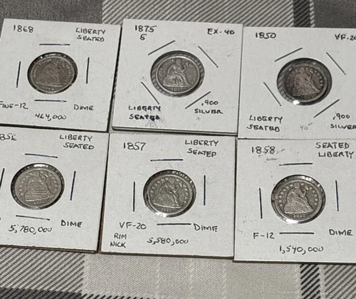 Seated Liberty Dime lot 1850-1875 1850,1856,1857,1858,1868,1875 Grades From G-XF