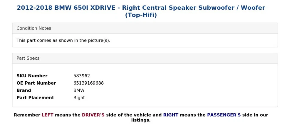 BMW 650I XDRIVE 2012-2018 - Altavoz central derecho subwoofer/woofer (alta alta fidelidad) Foto 4 de 4