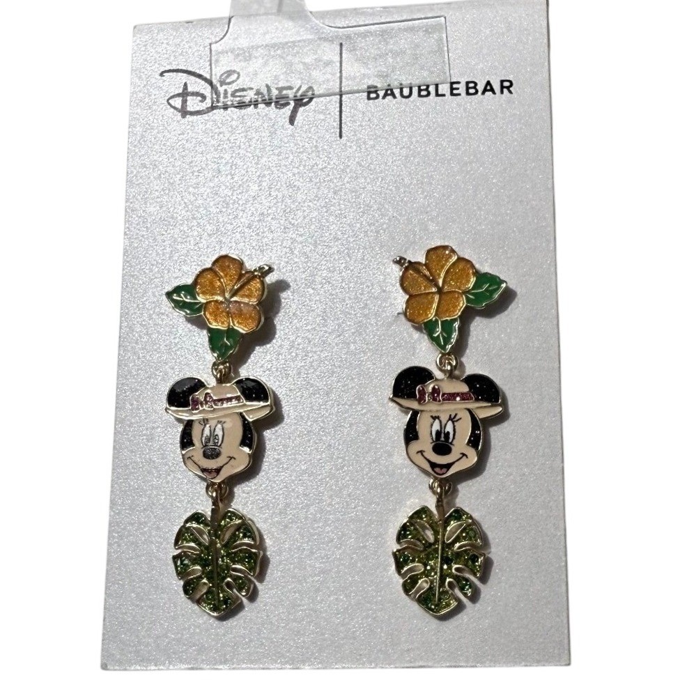 Disney BaubleBar Minnie Mouse Tropical Hibiscus Monstera Leaf Drop Earrings NEW