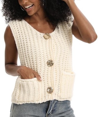 Womens Sweater Vest Button Down Round Neck Casual Sleeveless Knit Top 470