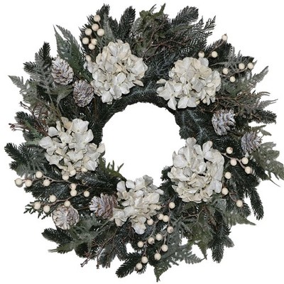 BINFEN 24  Glitter Pine Christmas Winter Wreath with Metallic Silk Hydrangea, Pi