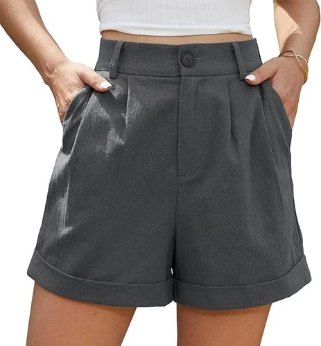 BEIGAI Women's High Waist Linen Shorts Pleated Wide Leg with Pockets – Grey XXL