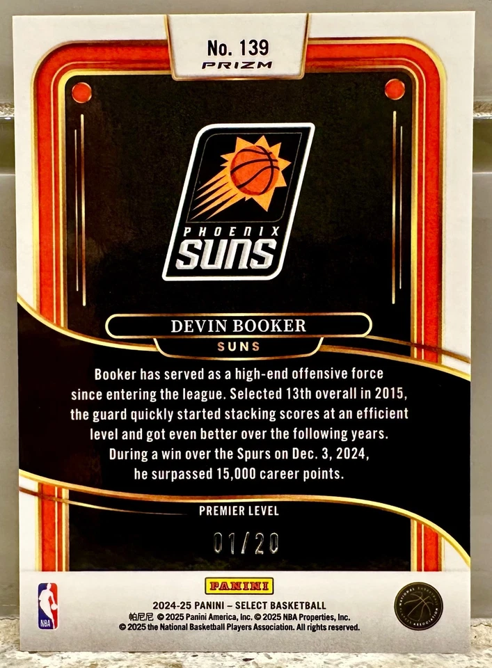 JERSEY # MATCH! 2024-25 Panini Select Premier Devin Booker 1/20! SÓIS (1/1)! - Imagem 2 de 3