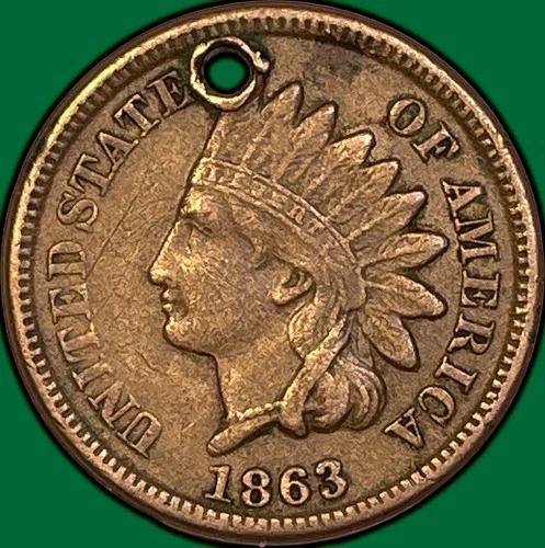 1863 Indian Head Cent Extremely Fine XF Coin, Holed #35899