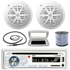 Pyle 1-DIN Marine CD Receiver W/White Cover, 2x 4'' 100W Max Dual Cone Speakers