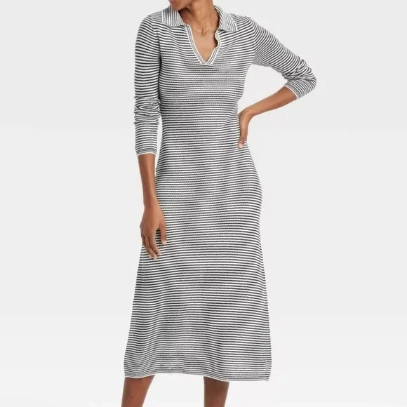 A New Day Women's Long Sleeve Maxi Sweater Dress Black/Cream Striped XL