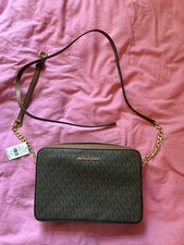 Michael Kors Jet Set Large Brown Logo Zip Crossbody Bag Gold Hardware Strap
