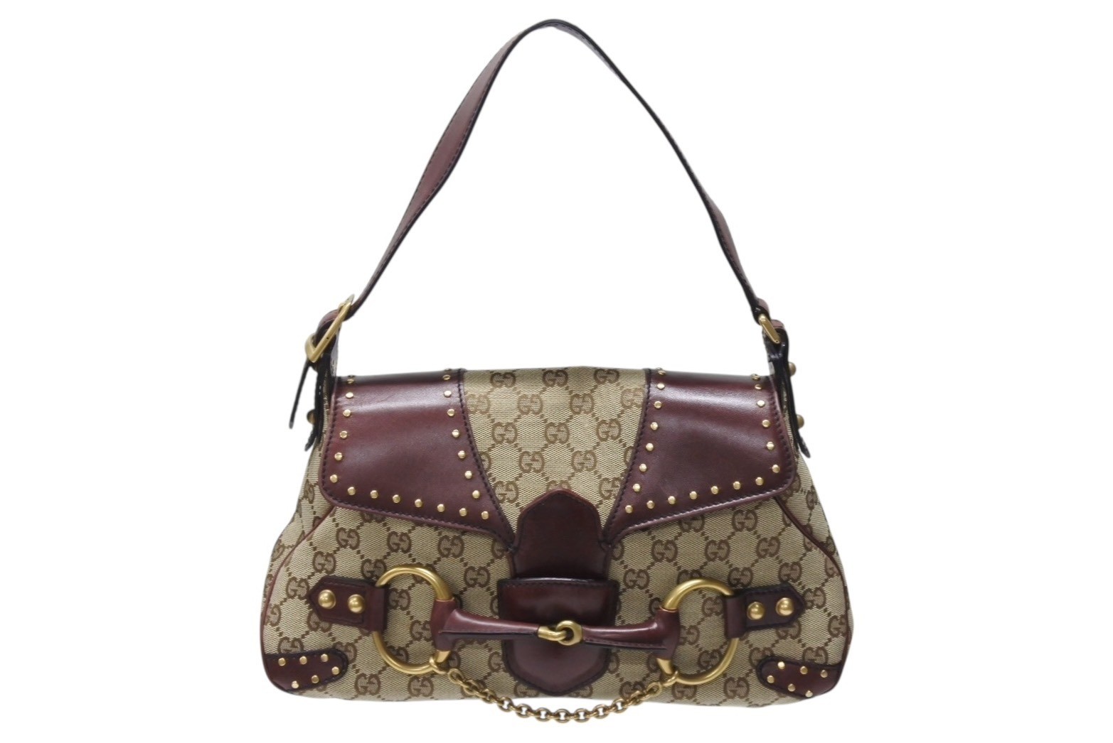 Gucci One Shoulder Hose Bit Bag in Gg Canvas Leather Beige Bordeaux 114915 213317